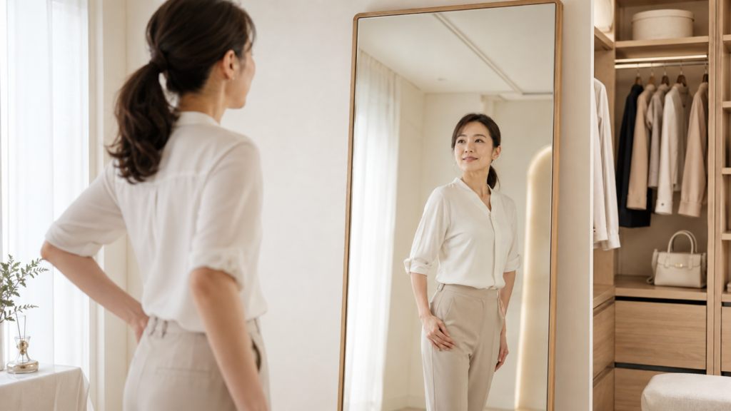 ピラティスを始める30代女性が姿勢とボディラインを確認する様子