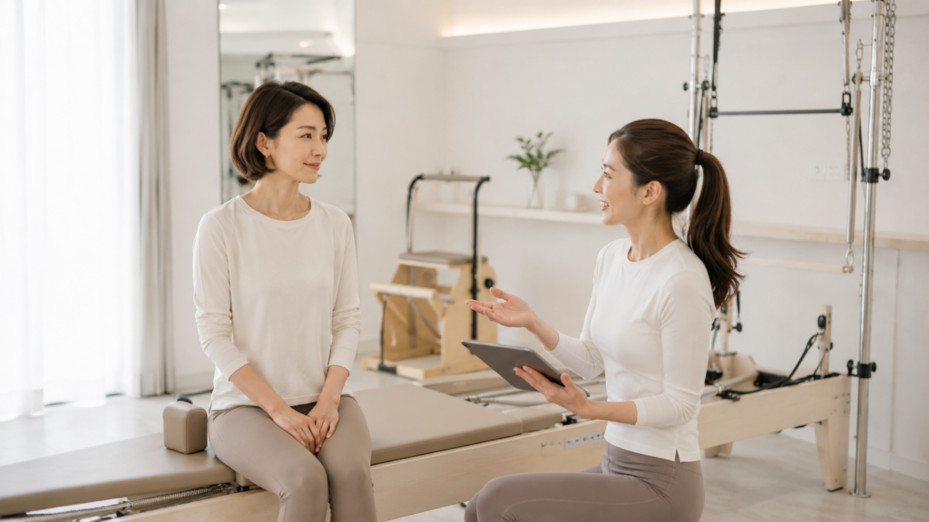 ELEM PILATES HAKATAでピラティスの相談をする40代女性