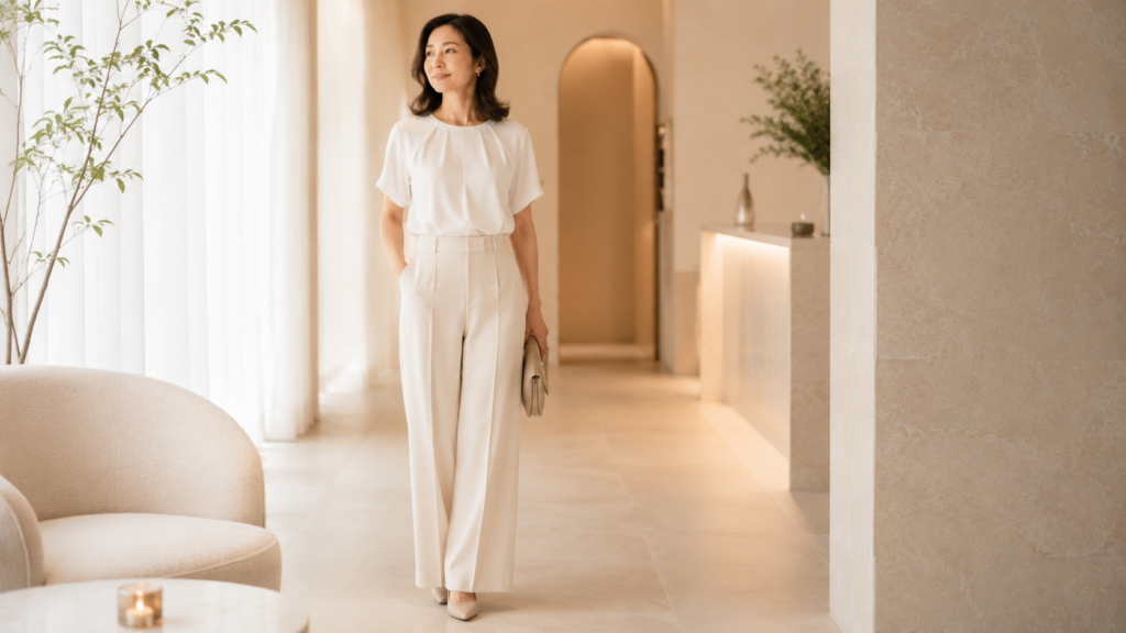 下腹部を意識して服を着こなす40代女性
