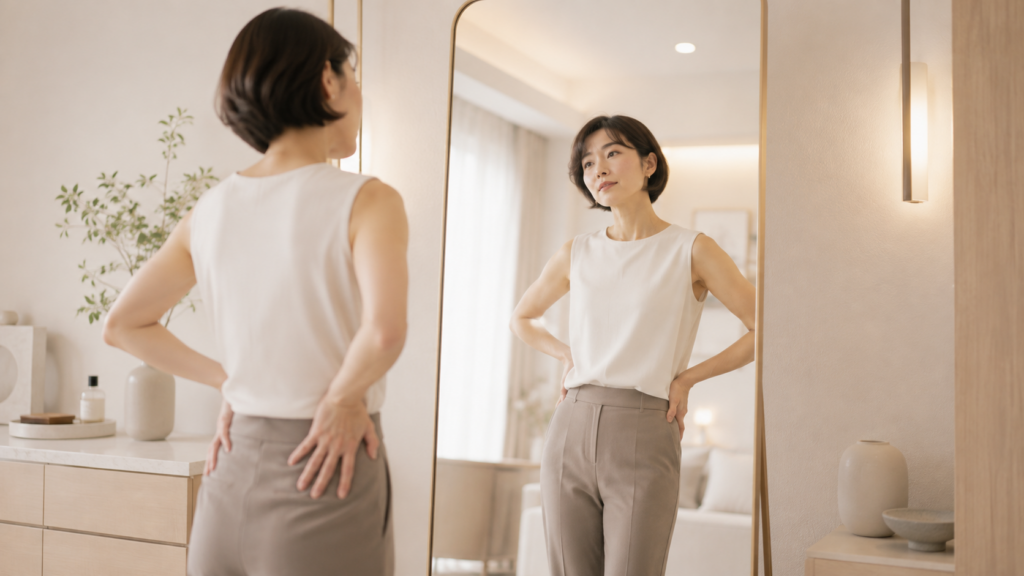 身体が硬いと感じる30代女性が姿勢を確認する様子