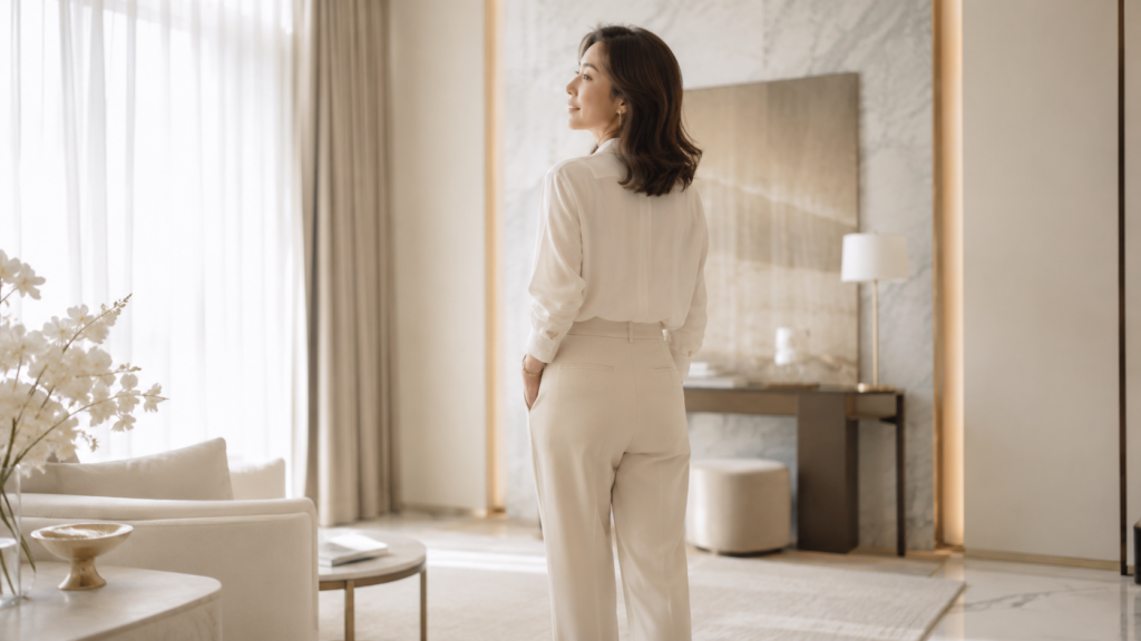 ヒップラインを意識してパンツを着こなす40代女性