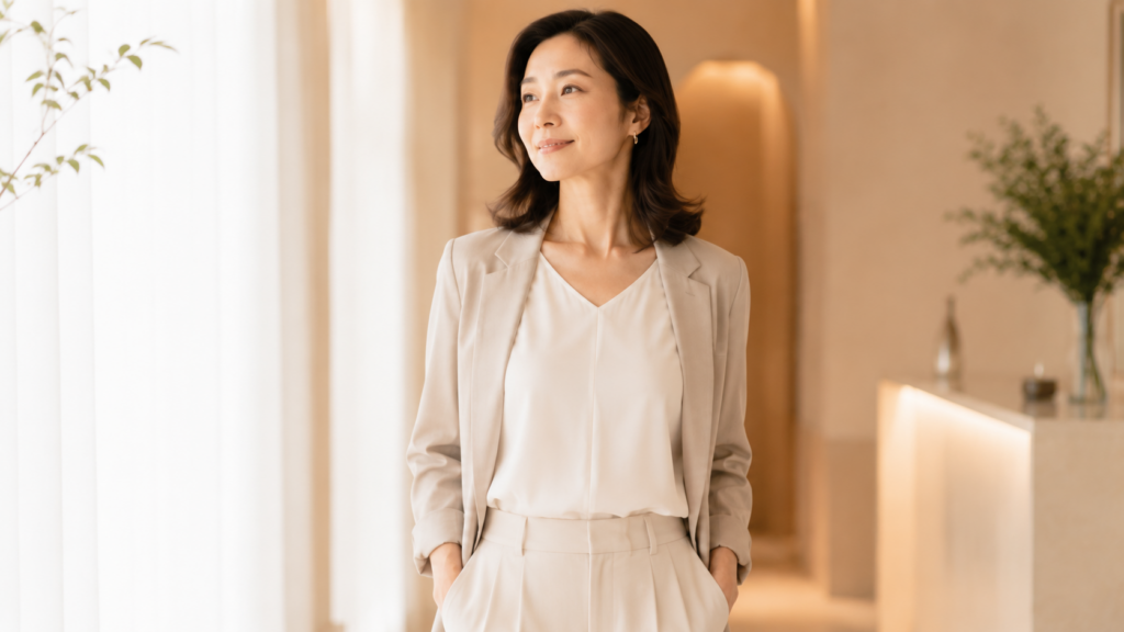 デコルテを意識して服を着こなす40代女性
