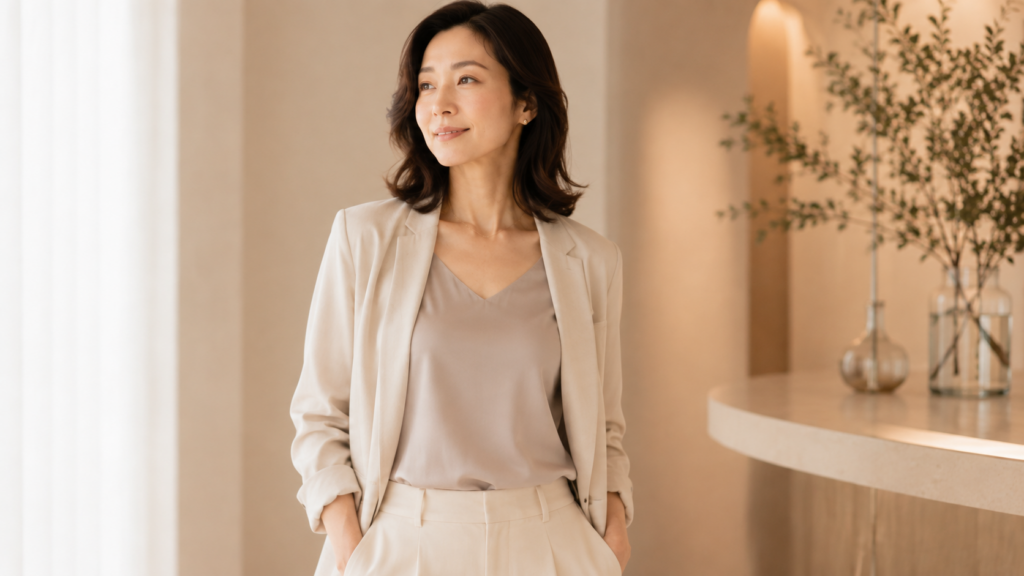 二の腕を意識して服を着こなす40代女性