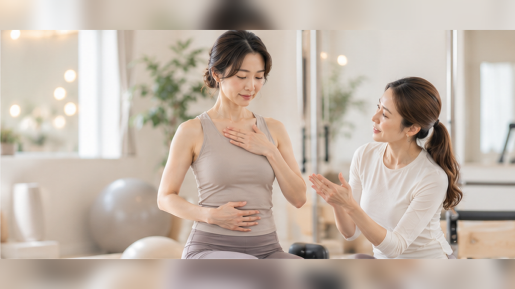 ピラティスの呼吸をトレーナーと確認する30代女性
