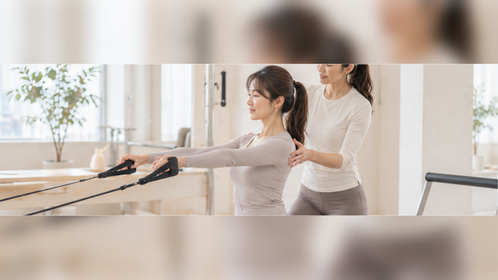 ピラティスの呼吸と肋骨の動きを確認する女性