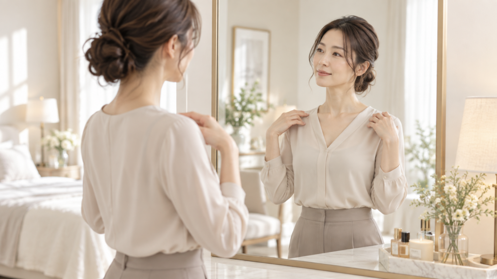 巻き肩ピラティスが気になる30代女性が姿勢を確認する様子
