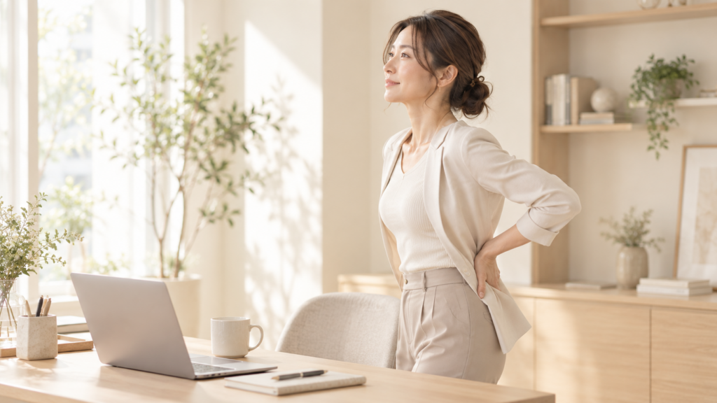 巻き肩が気になるデスクワーク中の40代女性