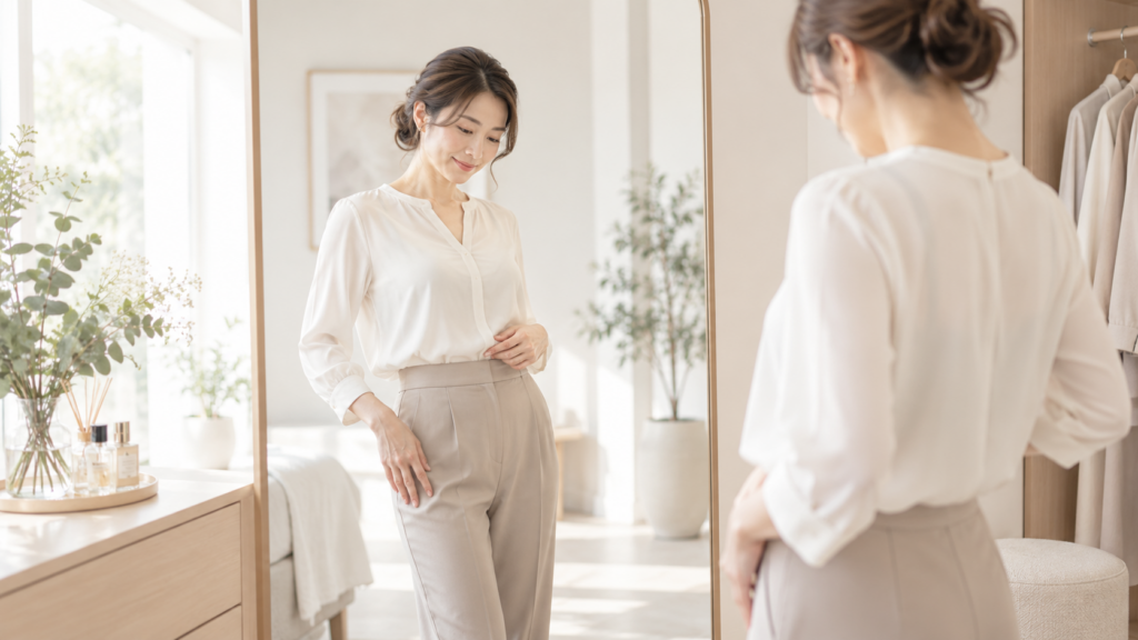ピラティスで痩せるか気になり鏡で身体を確認する30代女性