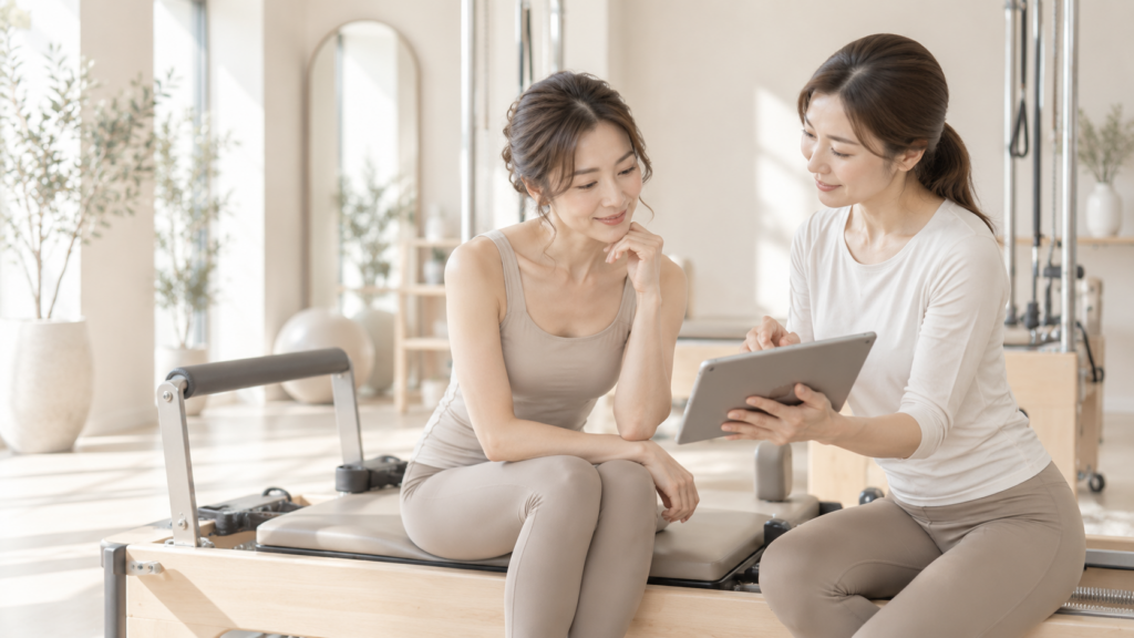 ピラティスで痩せる方法をトレーナーと相談する女性
