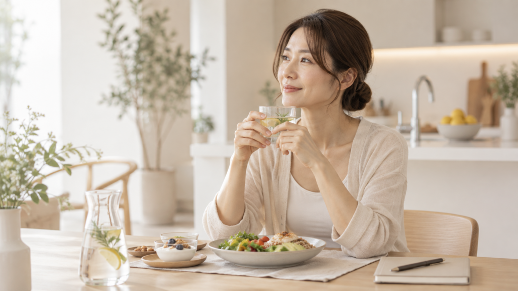 ピラティスの時間帯と食事のタイミングを考える女性