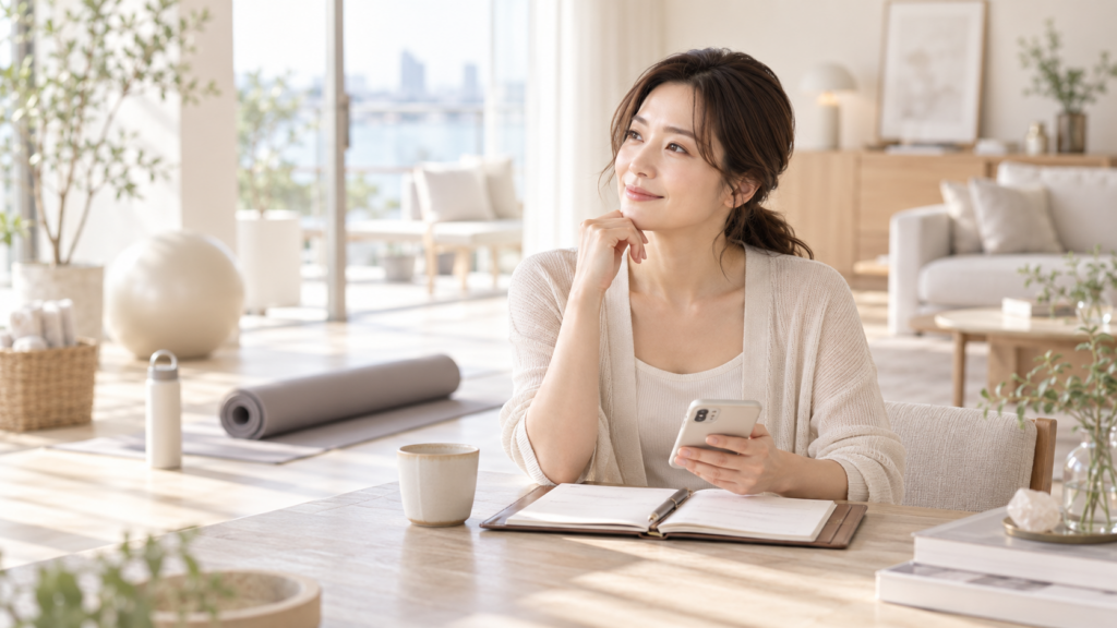 ピラティスとヨガの違いを調べる30代女性
