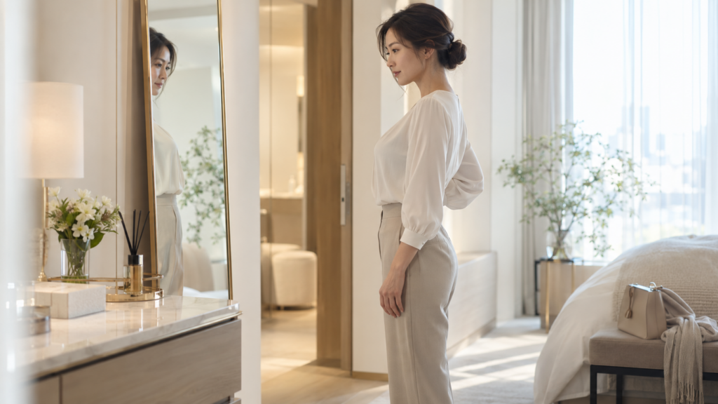 反り腰が気になり鏡で姿勢を確認する30代女性
