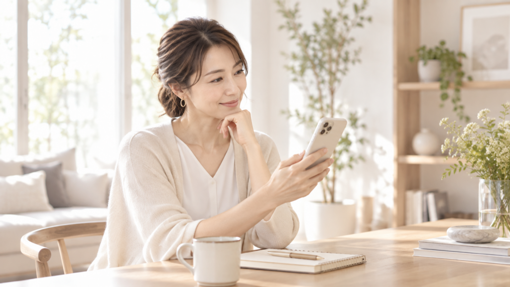 パーソナルピラティスとグループレッスンの違いを調べる30代女性