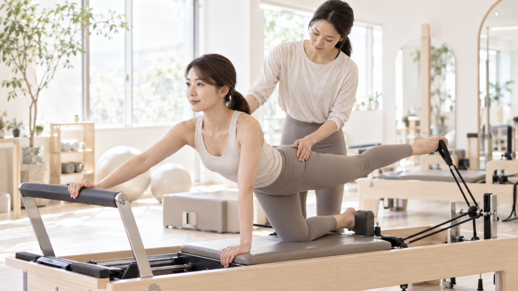 ピラティスで姿勢や身体の使い方を確認する女性