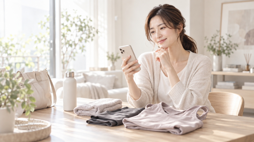 マシンピラティスの服装と持ち物を考える30代女性