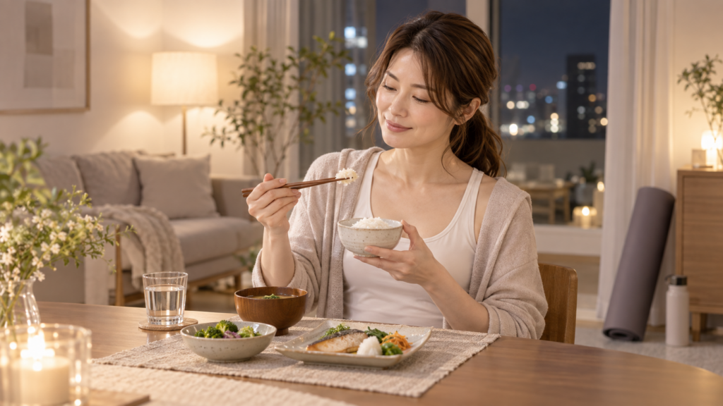 夜のピラティス後に軽めの夕食を取る40代女性