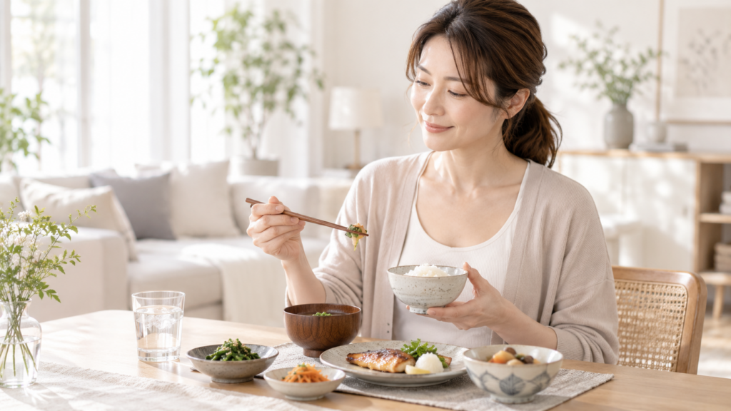 ピラティス後にバランスのよい食事を取る女性