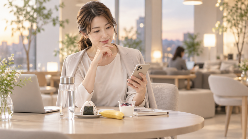 ピラティス前後の食事を考える仕事帰りの女性